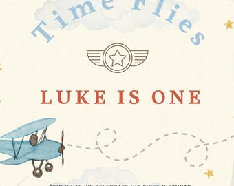 Invitación para el primer cumpleaños de Time Flies • Invitación de cumpleaños de avión vintage