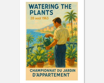 Watering Plants Poster, Riviera Balcony Art, Coastal Print - Digital Download