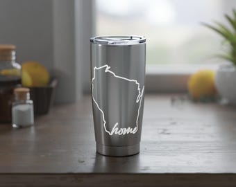 Bicchiere da viaggio in acciaio inossidabile Wisconsin is Home / Silhouette dello Stato da 20 once