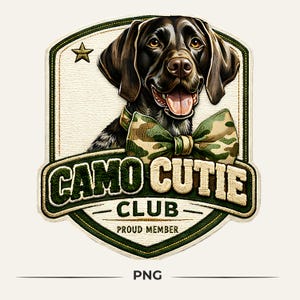 May include: Embroidered patch featuring a smiling brown dog wearing a camouflage bow tie. The patch has a cream background with a green border and the words "CAMO CUTIE CLUB" in green and tan. A gold star is in the upper left corner.