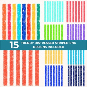 Peut inclure: Une collection de 15 motifs graphiques numériques présentant des rayures verticales avec une finition texturée et vieillie dans diverses couleurs dont orange, rose, jaune, bleu, rouge, vert, sarcelle, violet et bleu marine. Le texte 15 TRENDY DISTRESSED STRIPED PNG DESIGNS INCLUDED est centré.