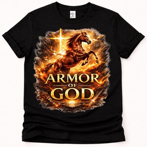 Imagem PNG de um cavalo com a armadura de Deus, design de cavalo guerreiro cristão, gráfico de fé baseado em Efésios 6, design PNG moderno para camiseta estilo faroeste, download digital.