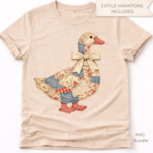 May include: Beige t-shirt with a patchwork goose design. The goose has a cream bow, red and white checkered feet, and a red beak. The design incorporates floral and denim patches. Text on the image reads "3 STYLE VARIATIONS INCLUDED" and "PNG BUNDLE".