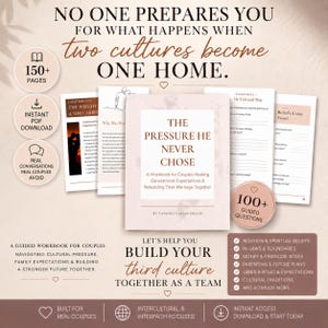 Op de afbeelding: Een werkboek getiteld "The Pressure He Never Chose" met de tekst "A Workbook for Couples Healing Generational Expectations & Rebuilding Their Marriage Together." De afbeelding bevat een gids voor stellen die omgaan met culturele druk en een sterkere toekomst.