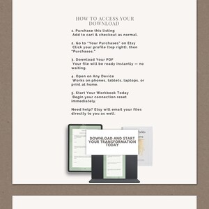 Op de afbeelding: Een beige afbeelding met instructies over het downloaden van een PDF van Etsy. De tekst bevat stappen om toegang te krijgen tot de download, zoals het kopen van de aanbieding en het vinden ervan in je aankopen. De afbeelding toont ook een tablet en een laptop met de tekst "DOWNLOAD AND START YOUR TRANSFORMATION TODAY."