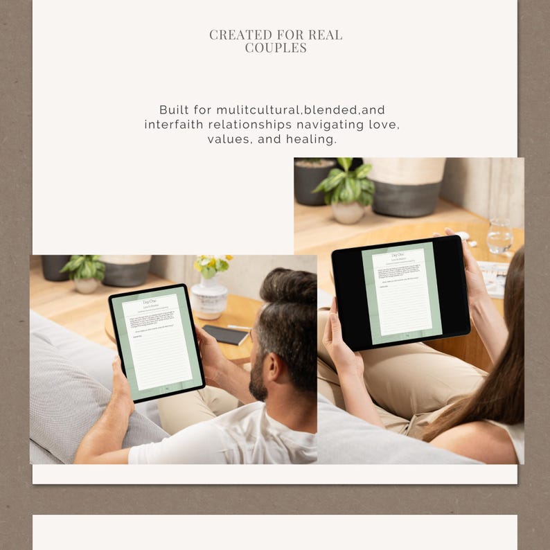 Op de afbeelding: Afbeelding toont twee mensen die tablets vasthouden met een document erop. De tekst op de afbeelding luidt "CREATED FOR REAL COUPLES" en "Built for multicultural, blended, and interfaith relationships navigating love, values, and healing."