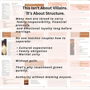 May include: A book spread with text, including the title "This Isn't About Villains. It's About Structure." The text discusses family responsibility, cultural expectations, and marital unity. The pages are light-coloured with black text.