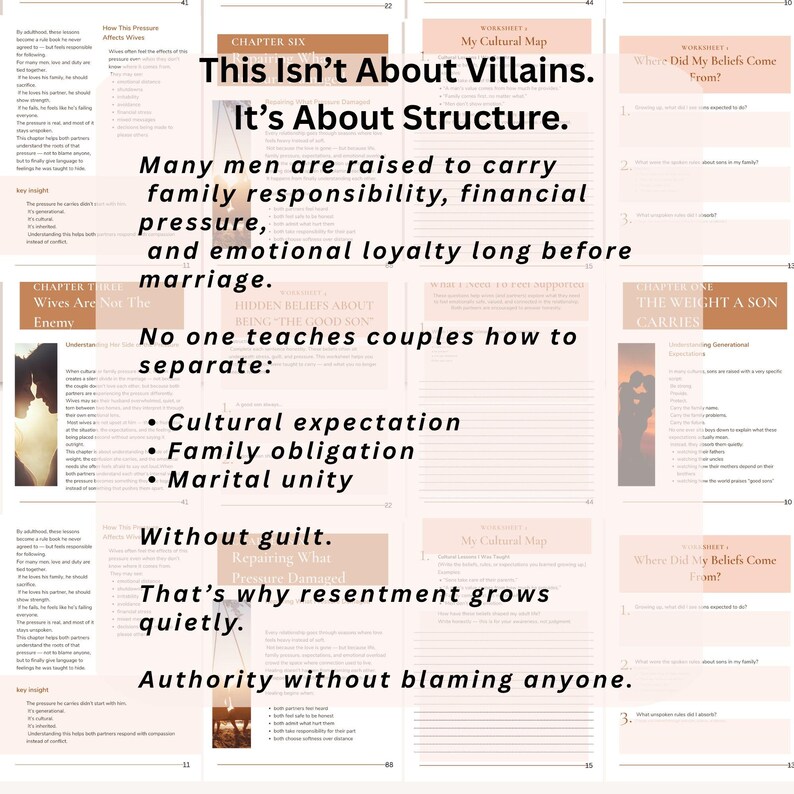 May include: A book spread with text, including the title "This Isn't About Villains. It's About Structure." The text discusses family responsibility, cultural expectations, and marital unity. The pages are light-coloured with black text.