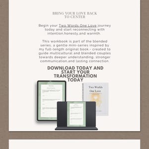 Op de afbeelding: Digitale advertentie met de tekst "BRING YOUR LOVE BACK TO CENTER". Het toont een tablet en laptop met werkboekpagina's en een boek met de titel "Two Worlds One Love."