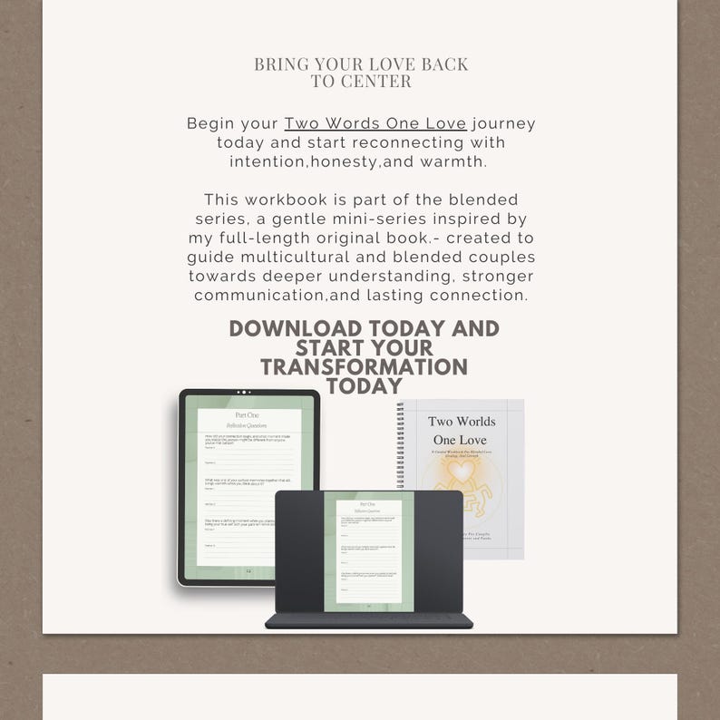 Op de afbeelding: Digitale advertentie met de tekst "BRING YOUR LOVE BACK TO CENTER". Het toont een tablet en laptop met werkboekpagina's en een boek met de titel "Two Worlds One Love."