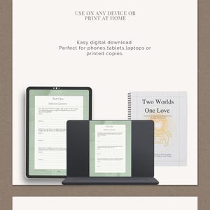Op de afbeelding: Digitaal werkboek met de tekst "Two Worlds One Love" en "Part One Reflection Questions" weergegeven op een tablet, laptop en spiraalgebonden notitieboek. De afbeelding bevat de tekst "Use on any device or print at home."