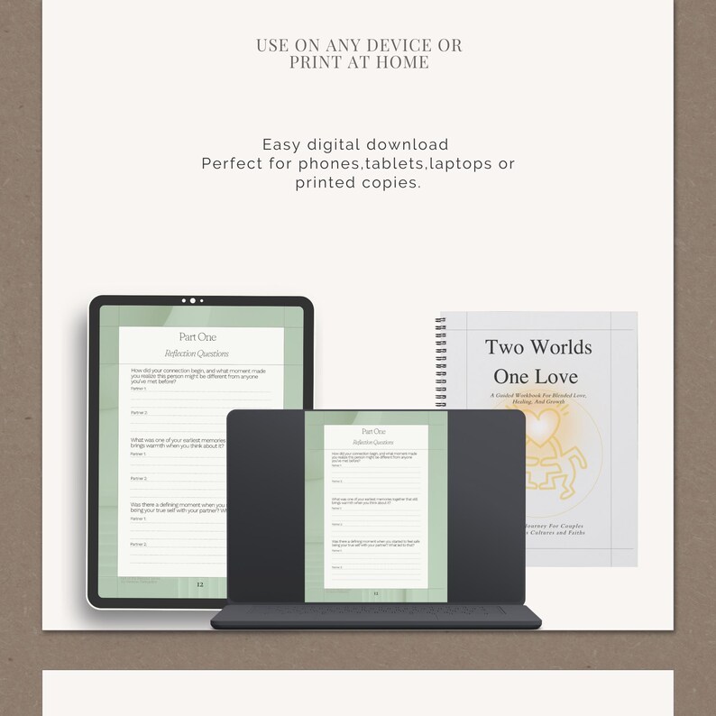 Op de afbeelding: Digitaal werkboek met de tekst "Two Worlds One Love" en "Part One Reflection Questions" weergegeven op een tablet, laptop en spiraalgebonden notitieboek. De afbeelding bevat de tekst "Use on any device or print at home."