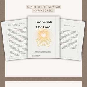 Op de afbeelding: Drie werkboeken met tekst. Het centrale boek heeft de titel "Two Worlds One Love" met een hart- en paar-afbeelding. De tekst luidt "A Guided Workbook For Blended Love, Healing, And Growth". De bovenste tekst luidt "START THE NEW YEAR CONNECTED."