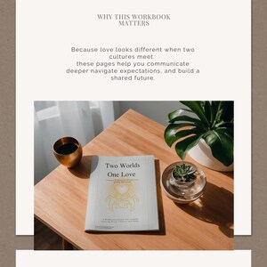 Op de afbeelding: Een boek getiteld "Two Worlds One Love" ligt op een houten tafel, samen met een goudkleurige beker en een kleine vetplant in een glazen bakje. De kaft van het boek heeft een hartvormig ontwerp. Bovenstaande tekst luidt "WHY THIS WORKBOOK MATTERS."