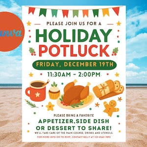 Editable Holiday Potluck Flyer, Christmas Work Party Canva Template (Digital Download)