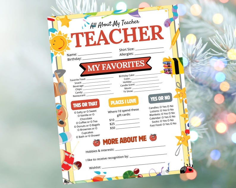 Teacher Favorite Things List: Appreciation Gift Questionnaire ...
