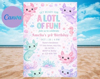 Aquarel Axolotl-verjaardagsuitnodiging, bewerkbare canva-sjabloon (digitale download)