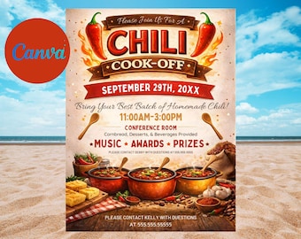 Bewerkbare chili cook Off-flyer, sjabloon voedselwedstrijd, (canva, digitale download)