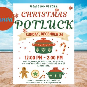 May include: A Christmas Potluck invitation with a beach background. The invitation includes the text "Christmas Potluck" in green and red, along with event details such as the date, time, and RSVP information. Decorative elements include snowflakes, a candy cane, and a gingerbread man.