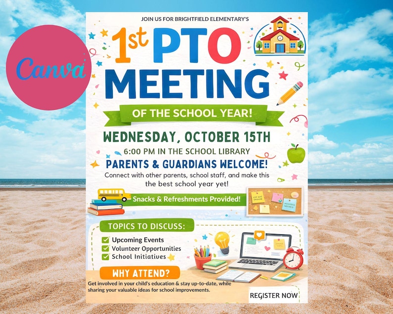 Editable PTA PTO Meeting Flyer | Canva Parent Group Invitation Template ...