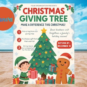 May include: A festive poster with the text "Christmas Giving Tree" and instructions for donating gifts. The image features a decorated Christmas tree, an elf, and a gingerbread man, all holding gifts. The poster is set against a beach backdrop.
