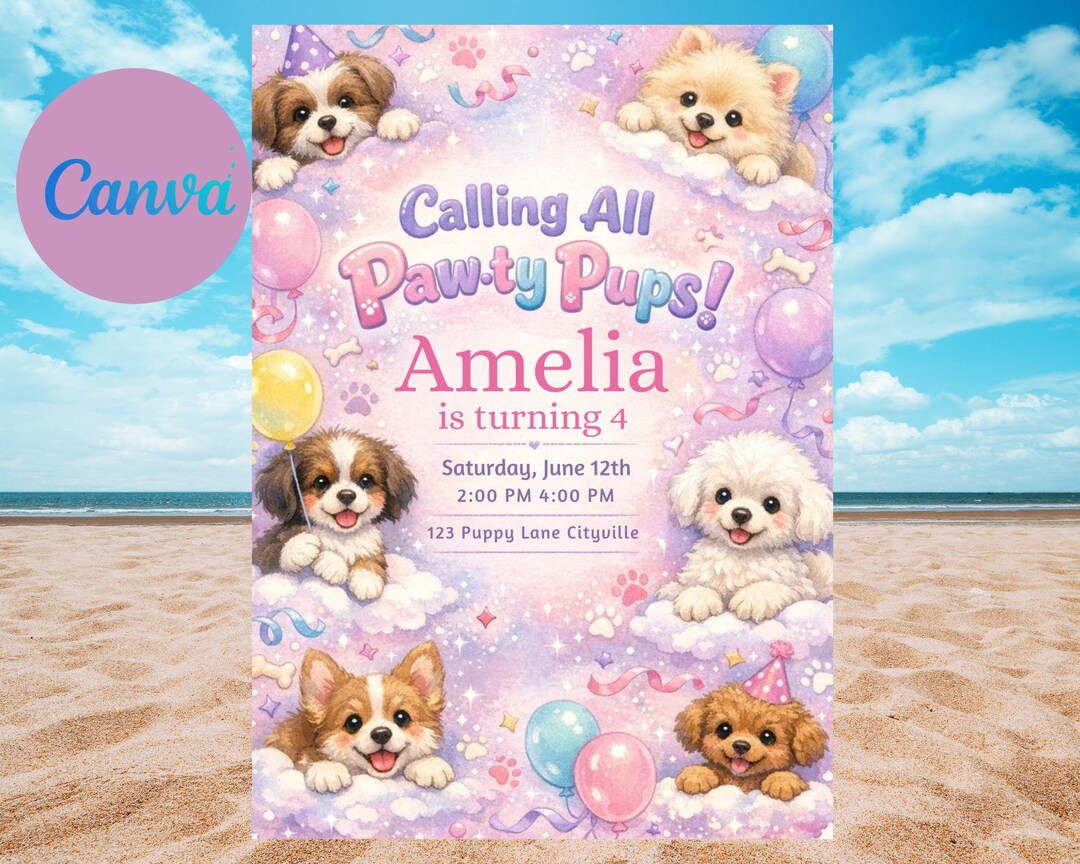 Puppy Birthday Party Invitation, Editable Canva Template (5x7 in ...