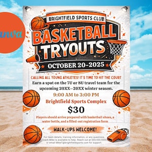 Puede incluir: Cartel para las pruebas de baloncesto del Brightfield Sports Club, 20 de octubre de 2025. Presenta balones de baloncesto, una canasta y el texto "BASKETBALL TRYOUTS". Incluye detalles para que los jóvenes atletas se unan al equipo de viaje 7U u 8U.