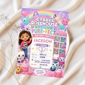 Pode incluir: Um convite colorido para uma festa de aniversário com o tema "Gabby's Dollhouse". O convite apresenta personagens de desenhos animados, um arco-íris e o texto "PURR-FECT BIRTHDAY PARTY!". Inclui o nome "Jackson", a idade "3" e detalhes da festa.