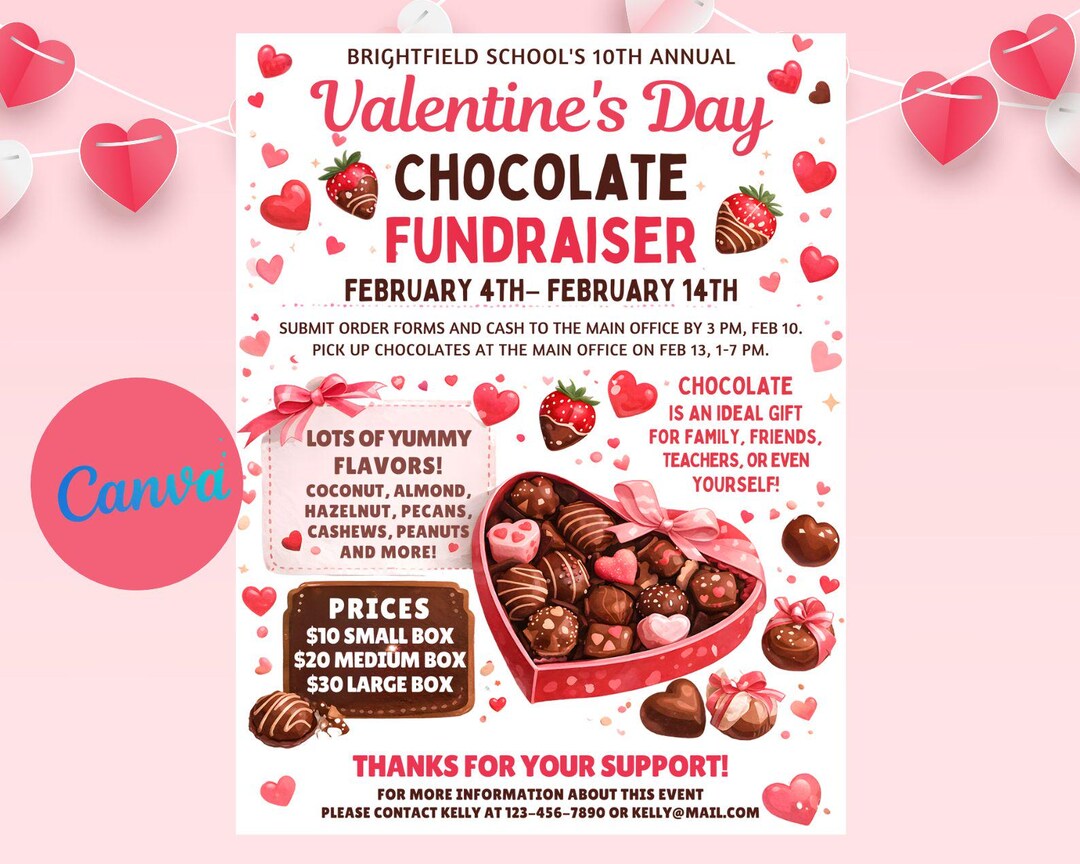 Valentine's Day Chocolate Fundraiser Flyer Template, Editable Canva ...