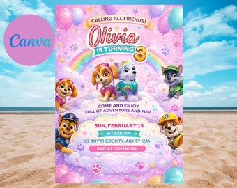Sjabloon voor bewerkbare Paw-ty verjaardagsuitnodiging, uitnodiging kinderfeestje, puppy patrouille pup jongens en meisjes verjaardag, canva downloaden