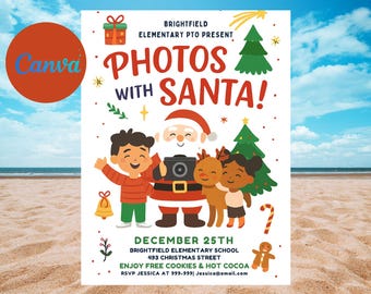 May include: A festive poster advertising "Photos with Santa". The design includes illustrations of Santa, children, and Christmas symbols. The text provides the date, location, and RSVP details for the event.