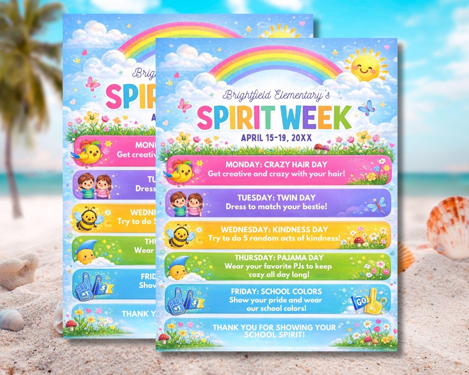 Spring Spirit Week Examples Editable Spring Spirit Week Flyer Canva Template, School Spirit ...