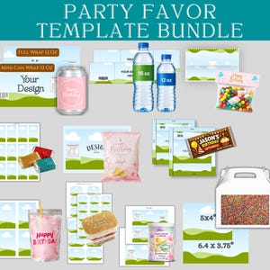 May include: A party favor template bundle featuring various printable designs for items including 12 oz can wraps, water bottle labels, candy bags, chip bags, chocolate bar wrappers, juice pouches, and treat boxes with dimensions of 5x4 inches and 6.4x3.75 inches.