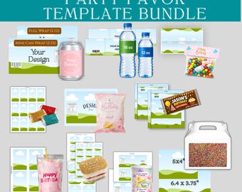 Party Favor Template Bundle Canva | Chip Bag, Juice Pouch, Water Bottle, Mini Candy Chocolate Bar, Gable Box, Customized Birthday Party Set
