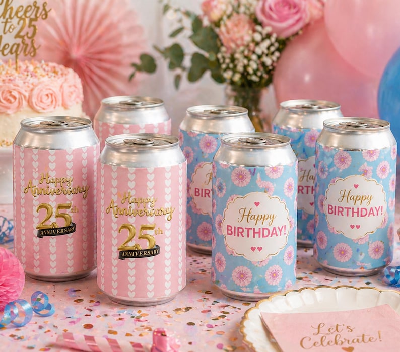 May include: Pink and blue decorated beverage cans for a birthday or anniversary celebration. Some cans say "Happy Anniversary 25" in gold lettering, while others say "Happy Birthday!" with floral designs.