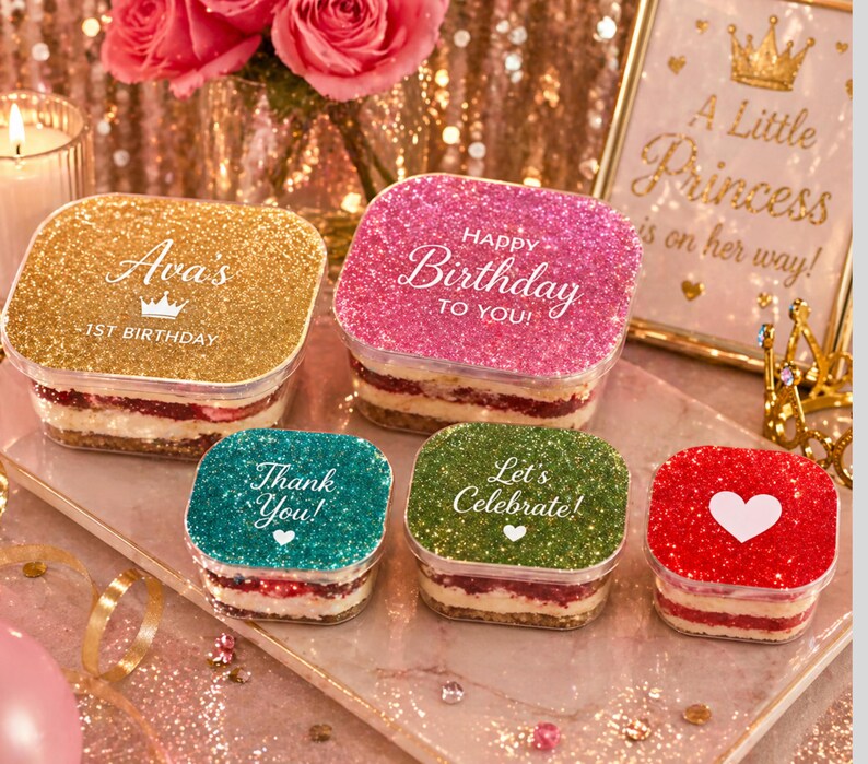 May include: A selection of square desserts with glitter lids in gold, pink, teal, green, and red. The lids have text: "Ava's 1st Birthday", "Happy Birthday to You!", "Thank You!", and "Let's Celebrate!" A heart is on the red lid. The desserts are on a tray.