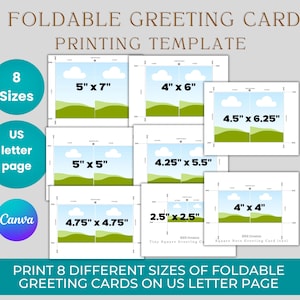 May include: A template for foldable greeting cards, displaying eight sizes, including 12.7cm x 17.8cm, 10.2cm x 15.2cm, and 11.4cm x 15.9cm. The design is set on a US letter page, with the Canva logo. Text reads "FOLDABLE GREETING CARD PRINTING TEMPLATE".