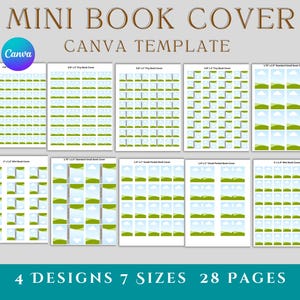 May include: A Canva template for mini book covers, featuring 4 designs and 7 sizes, totaling 28 pages. The covers display landscape images with green fields and blue skies. The text at the top reads "MINI BOOK COVER CANVA TEMPLATE".