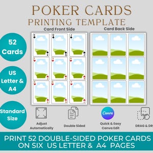 Może przedstawiać: Szablon do drukowania kart do pokera, pokazujący przód i tył kart. Projekt zawiera 52 karty, rozmiar US Letter i A4 oraz standardowy rozmiar. Tekst na obrazku brzmi "POKER CARDS PRINTING TEMPLATE".