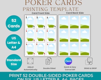 52 szablony kart do gry Canva | Edytowalne karty pokerowe do druku | Przód i tył talii kart DIY | Pobieranie cyfrowe