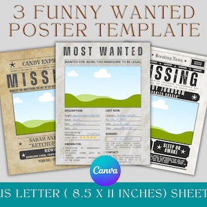 May include: Three printable poster templates on 8.5 x 11 inch US letter sheets. The designs include a tan missing person poster, a grey most wanted poster, and a white breaking news missing poster, each featuring a placeholder for a photo.