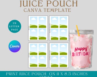Juice Pouch Label Template Canva Bearbeitbar | Kindergeburtstag Trinkbeutel Etikett | Label DIY Printable Party Geschenk | Benutzerdefinierte Juice Packet Mockup