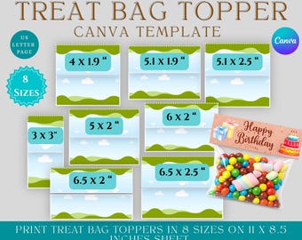 Bearbeitbare Leckerlibeutel-Topper-Vorlage | Canva Party Geschenk Etiketten | Druckbare Snack Paket Tags | Candy Cookie Geburtstagsgeschenk Verpackung Aufkleber