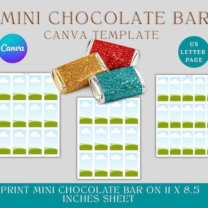 May include: A Canva template for mini chocolate bars. The image features three wrapped chocolate bars in gold, red, and teal glitter. The text reads "Mini Chocolate Bar Canva Template" and "Print Mini Chocolate Bar on 11 x 8.5 Inches Sheet."