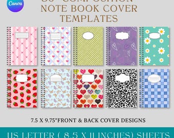 30 Composition Notebook Cover Templates, Front & Back Covers, Canva Editable Composition Book Designs, Printable School Notebook Covers
