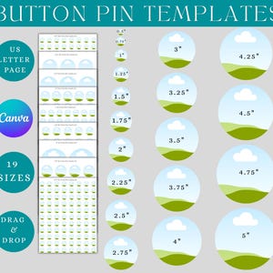 May include: A graphic with the text "BUTTON PIN TEMPLATES" and various button sizes from 0.5" to 5". Includes a "US LETTER PAGE" section, a "Canva" logo, and the words "19 SIZES" and "DRAG & DROP".