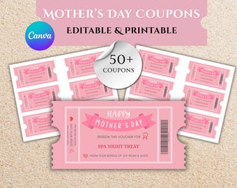 Bearbeitbare Muttertags-Gutscheinvorlage | DIY Muttertagsgeschenk|Mama Tag Druckbare Liebesgutscheine Buch | Dia De La Madre | Surprise Event Ticket