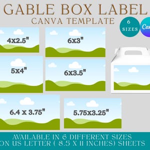 May include: A Gable Box Label Canva template featuring six rectangular labels with a blue sky, white clouds, and green hills design. Sizes include 4x2.5, 6x3, 5x4, 6x3.5, 6.4x3.75, and 5.75x3.25 inches, available on 8.5x11 inch US letter sheets.