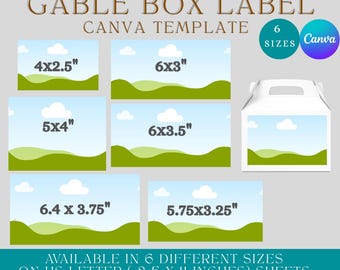 Gable Box Front Label Template Bundle Canva Editable, 6 Sizes Party Favor Box Labels, Printable Drag and Drop DIY Favor Box for Birthdays