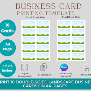 May include: A business card printing template with the text "BUSINESS CARD PRINTING TEMPLATE". The design includes 10 cards, A4 page size, and dimensions of 3.5 x 2 inches. Features include double-sided printing and Canva editing.
